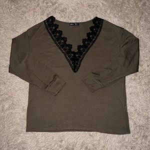 Olive Green Lace V Neck Light Weight Sweater